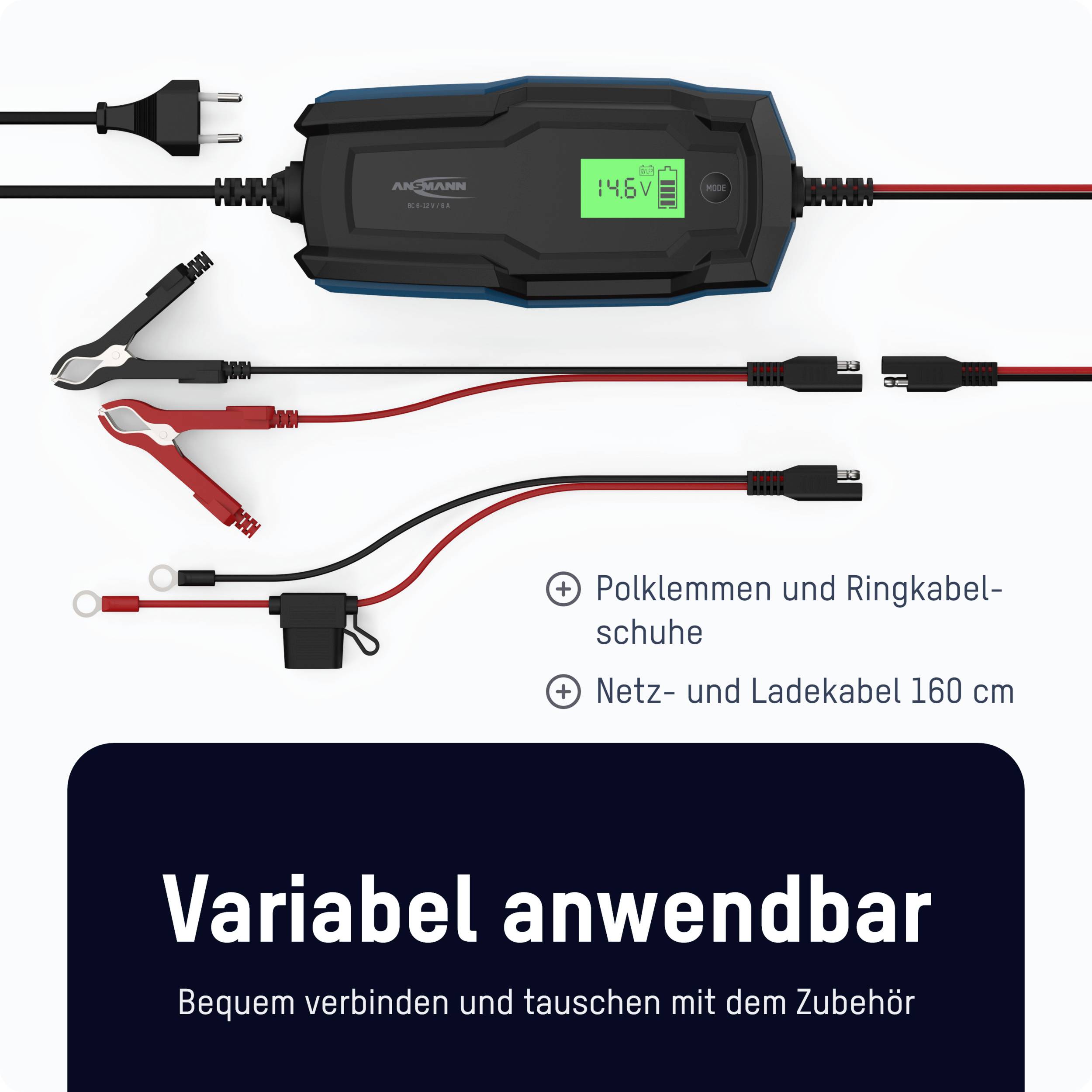Ein Batterieladegerät mit Kabeln und Clips, „Netz- und Ladekabel 160 cm“ und „Polklemmen und Ringkabelschuhe“ gekennzeichnet.