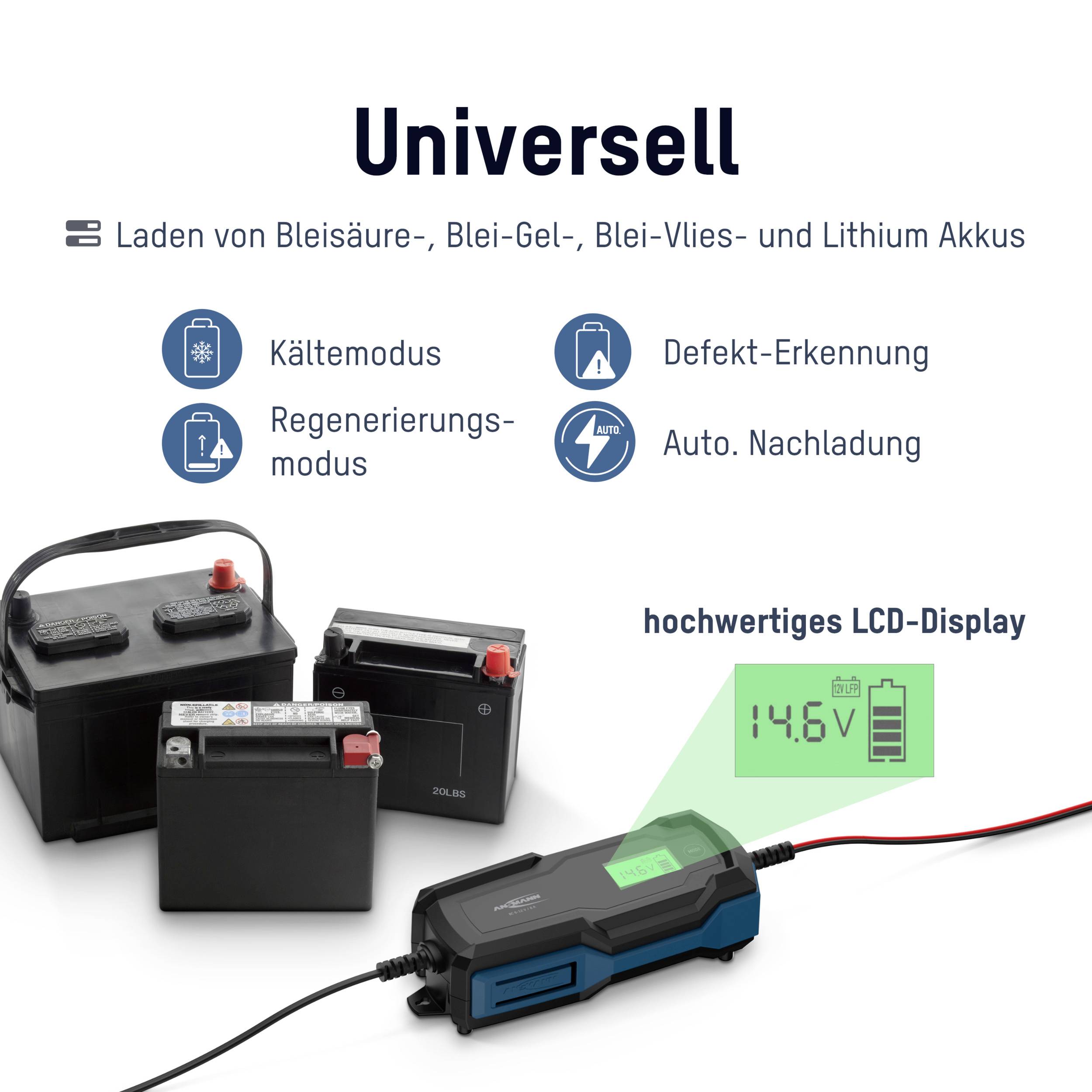 Universell: Laden von Blei- und Lithium-Akkus. Mit Kältemodus, Regenerierungsmodus, Defekt-Erkennung. Hochwertiges LCD-Display.
