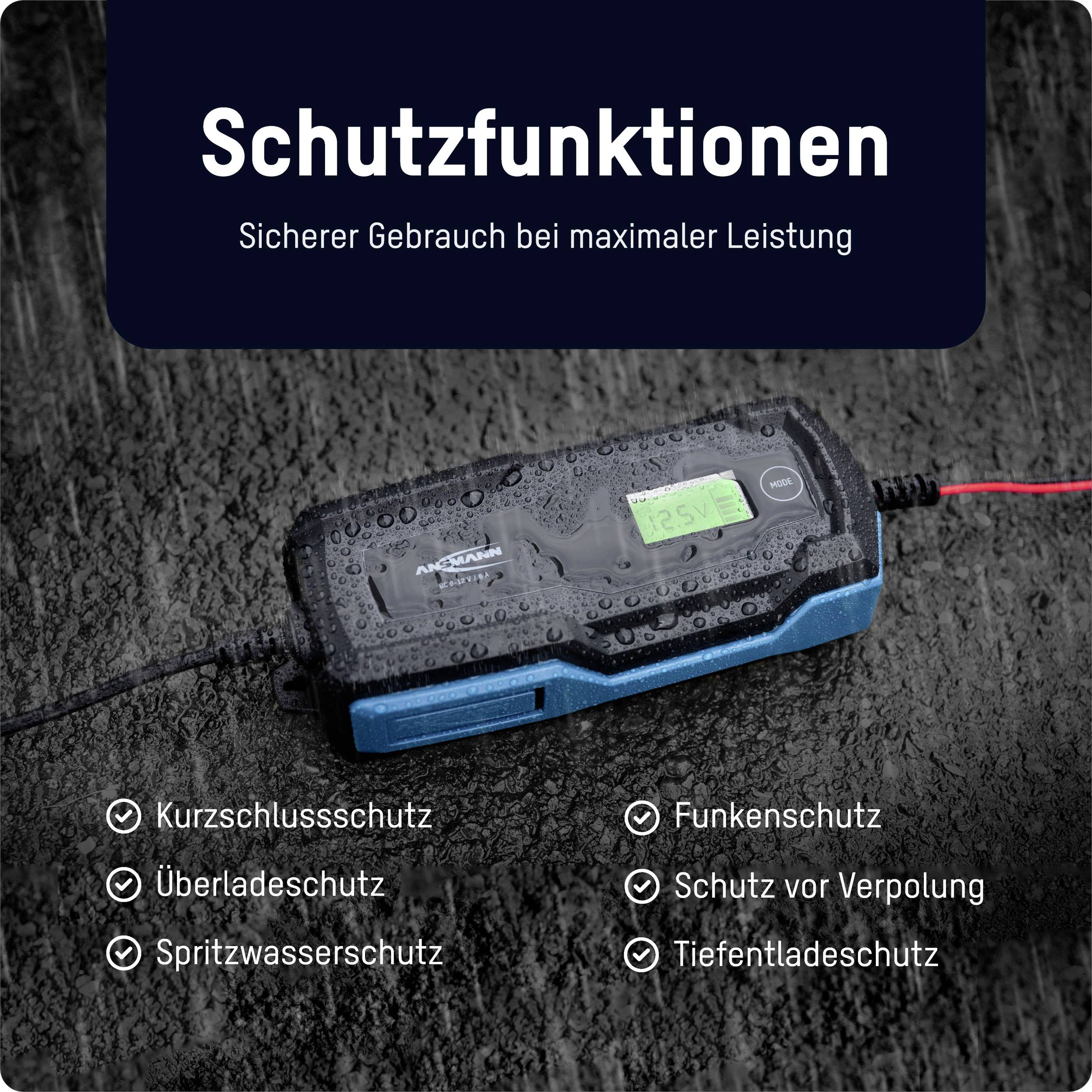 'Schutzfunktionen' über einem Bild eines Ladegeräts bei Regen. Funktionen: Kurzschlussschutz, Spritzwasserschutz, Funkenschutz, Tiefentladeschutz.