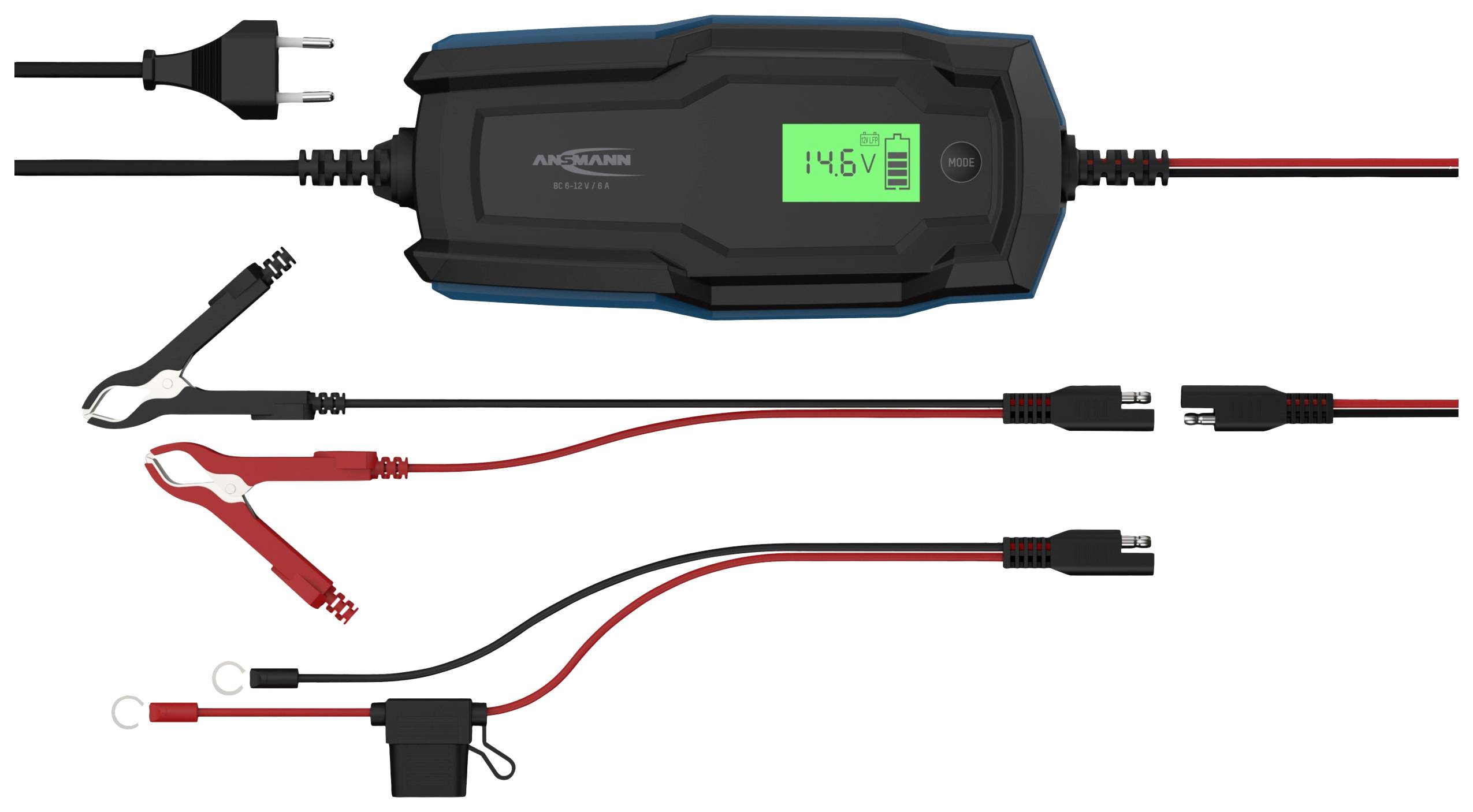 Ein Batterieladegerät mit einem digitalen Display zeigt '14.6V' an. Verschiedene Anschlusskabel liegen daneben.