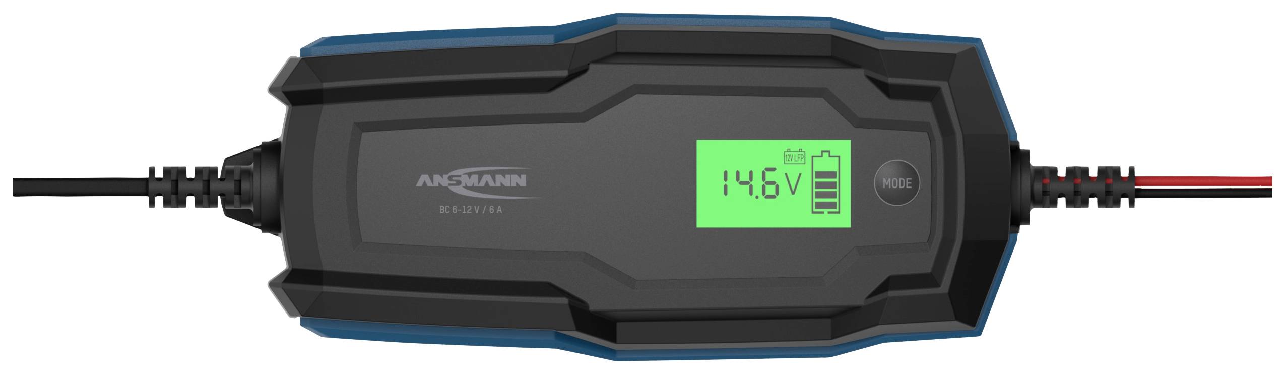 Batterieladegerät mit digitalem Display zeigt '14.6V' und Batteriesymbol. Gerät ist schwarz-blau mit zwei angeschlossenen Kabeln.