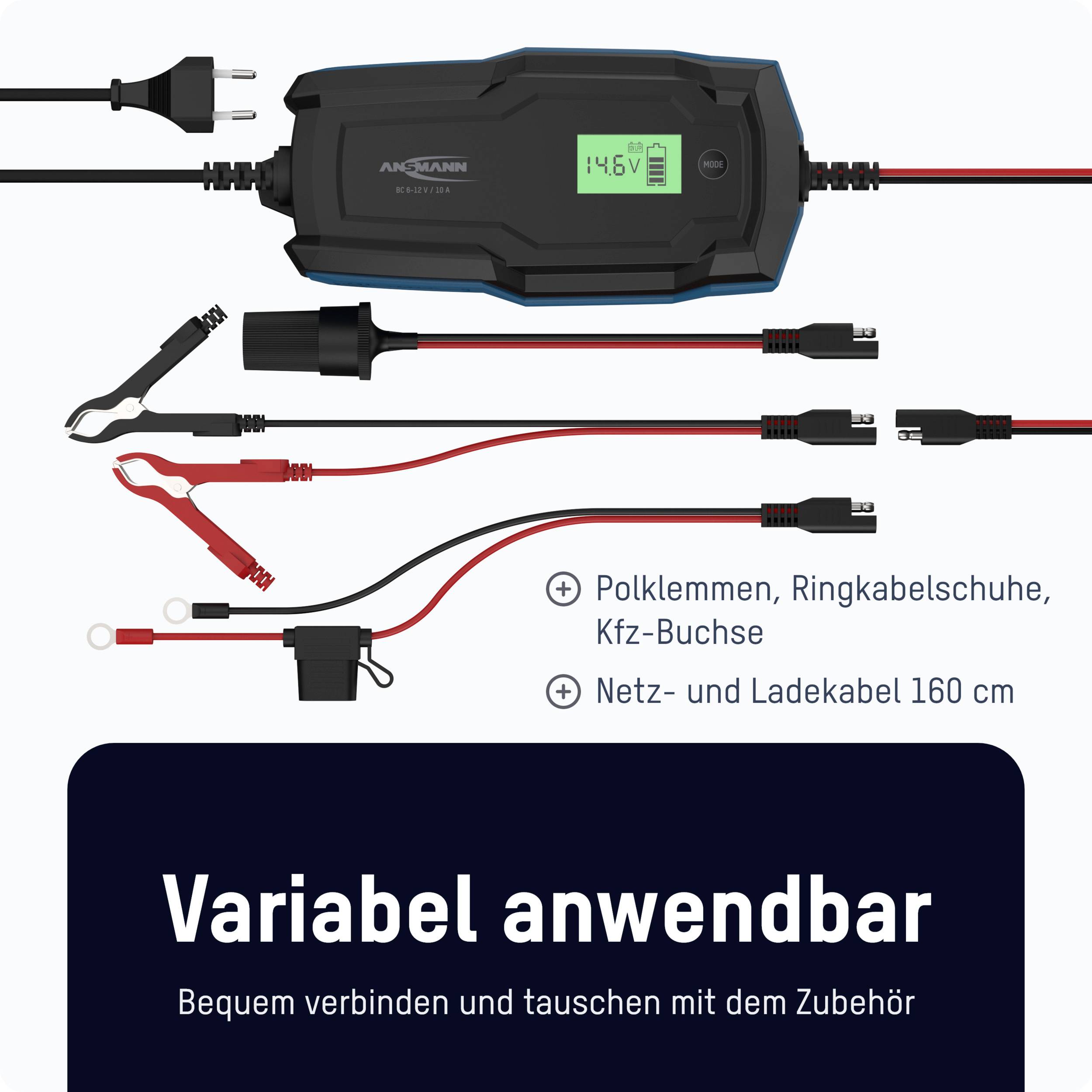 Ladegerät mit Displayscreen, Kfz-Buchse, Netz- und Ladekabel. Variabel anwendbar, Kabel bequem verbinden und tauschen.