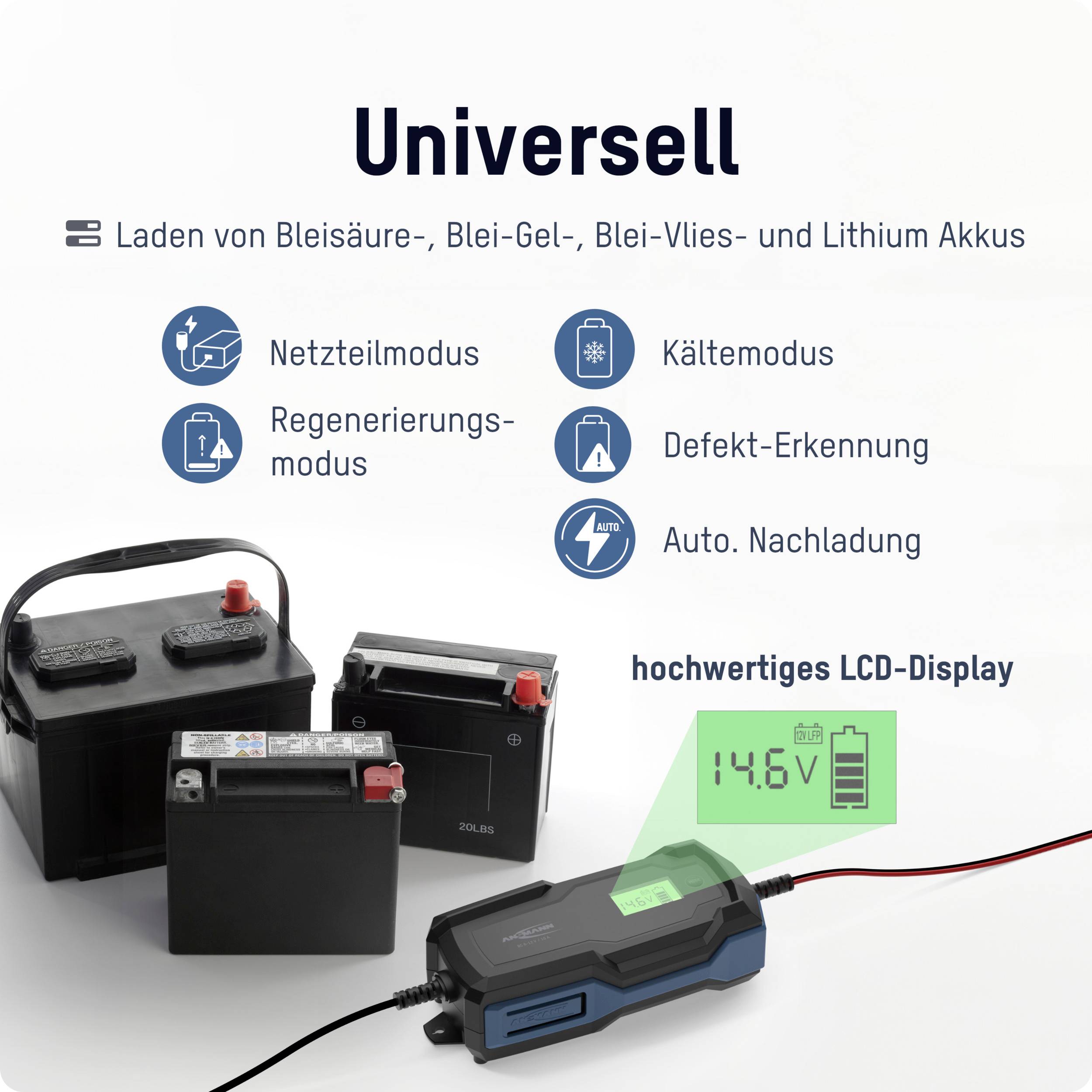 Universell: Laden von Blei-Säure-, Blei-Gel-, Blei-Vlies- und Lithium-Akkus. Hochwertiges LCD-Display zeigt Ladezustand.