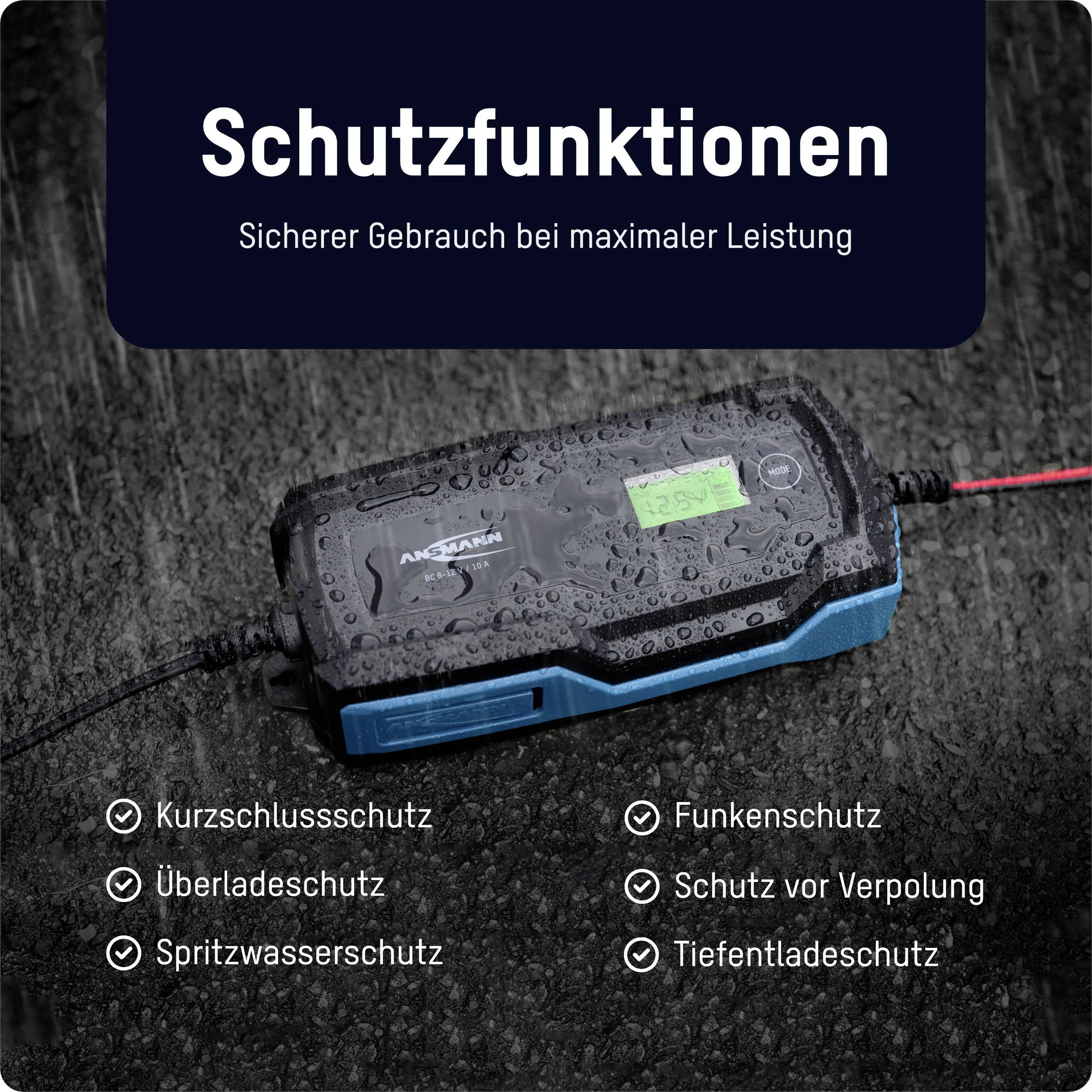 Ein Batterieladegerät mit Schutzfunktionen: Kurzschlussschutz, Überspannungsschutz, Spritzwasserschutz, Funkenschutz, Schutz vor Verpolung, Tiefentladeschutz.