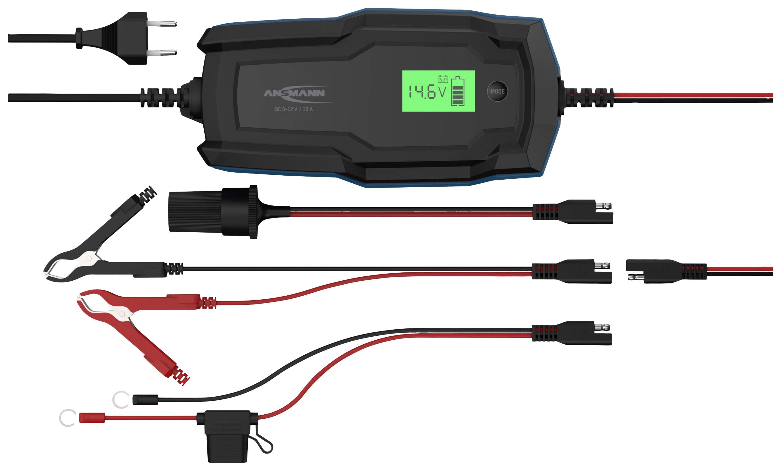 Batterieladegerät mit LCD-Display zeigt '14.6V'. Verschiedene Anschlüsse und Kabel für unterschiedliche Batteriesysteme sind vorhanden.