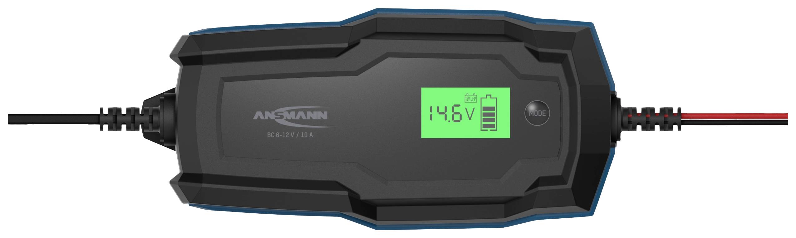 Ein Batterieladegerät mit einem digitalen Display zeigt '14.6V' und eine fast volle Batterie an. Verbindet über rote und schwarze Kabel.