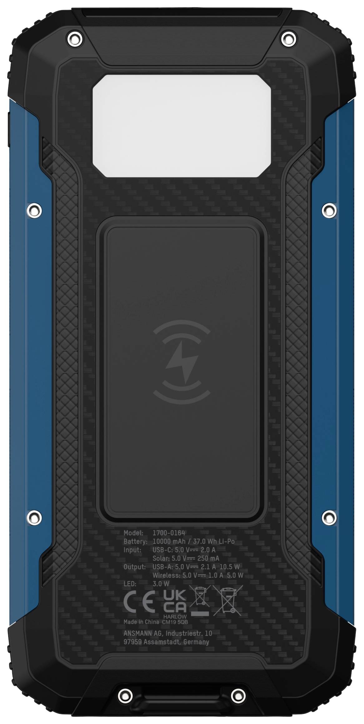 Ansmann Outdoor Wireless PB212W LED Solar Powerbank 10 Ah USB PD 3.0, Quick Charge 2.0 LiPo Schwarz-Blau mit Laderegler, LED Taschenlampe