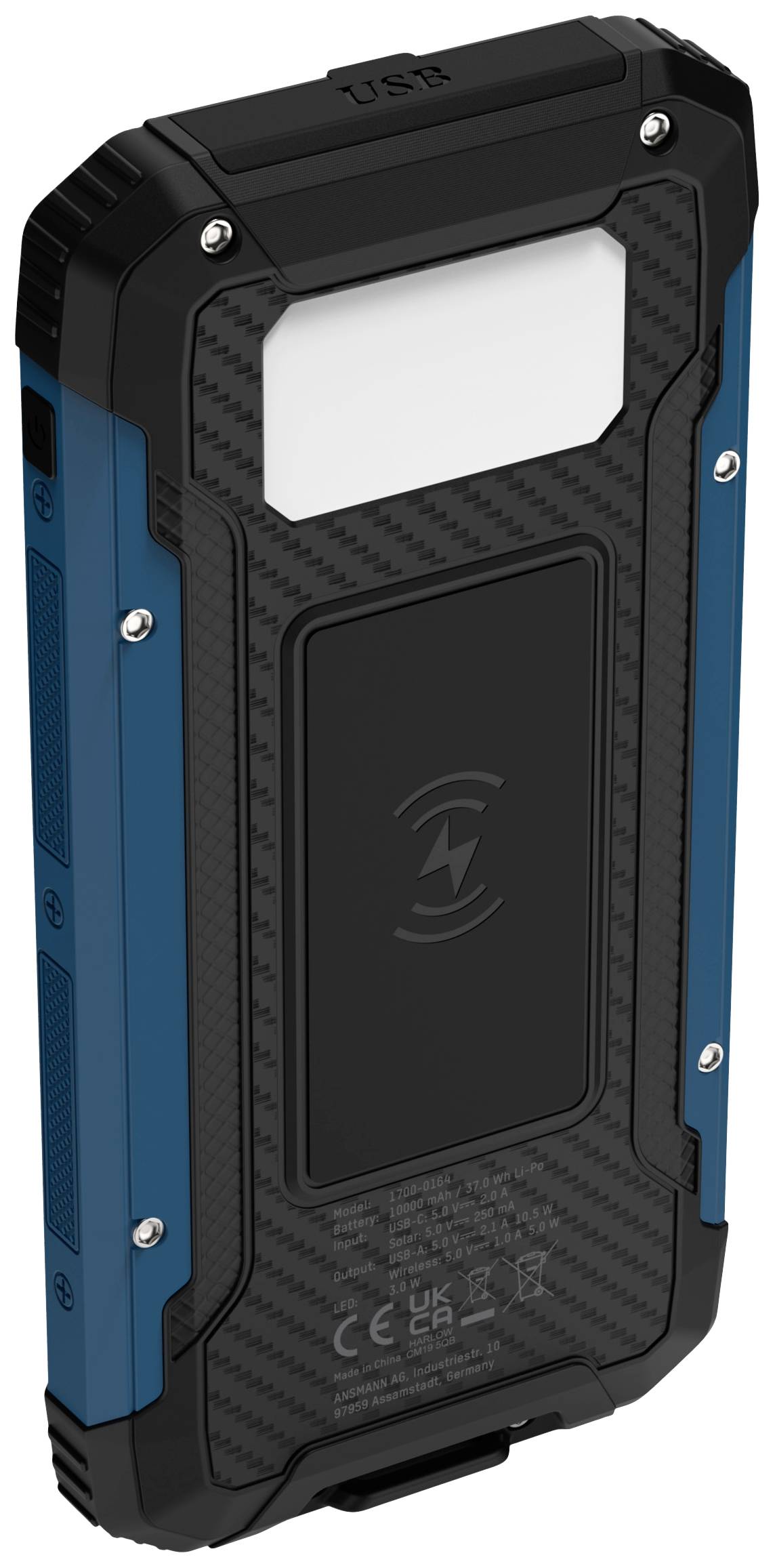 Ansmann Outdoor Wireless PB212W LED Solar Powerbank 10 Ah USB PD 3.0, Quick Charge 2.0 LiPo Schwarz-Blau mit Laderegler, LED Taschenlampe