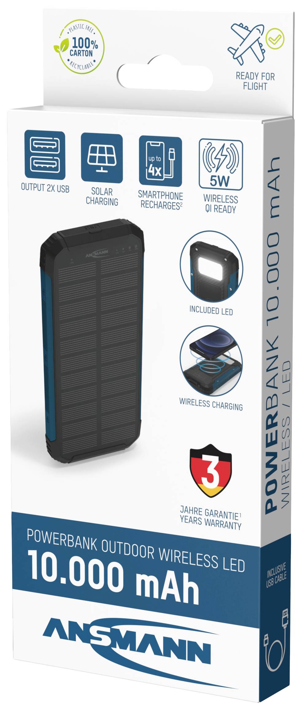 Ansmann Outdoor Wireless PB212W LED Solar Powerbank 10 Ah USB PD 3.0, Quick Charge 2.0 LiPo Schwarz-Blau mit Laderegler, LED Taschenlampe