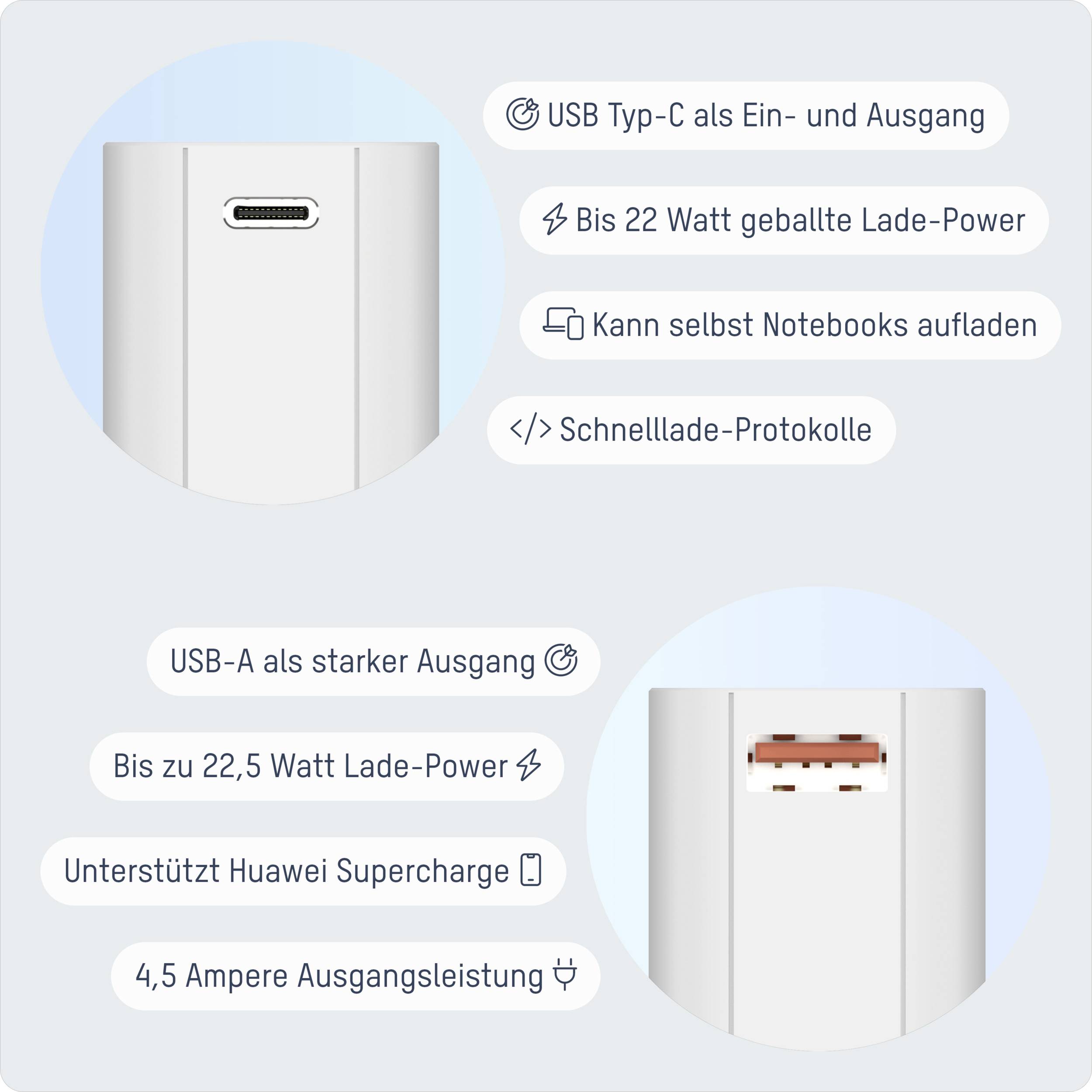 USB Typ-C als Ein- und Ausgang, 22 Watt Ladeleistung, kann Notebooks aufladen. Unterstützt Huawei Supercharge, 4,5 Ampere Ausgang.