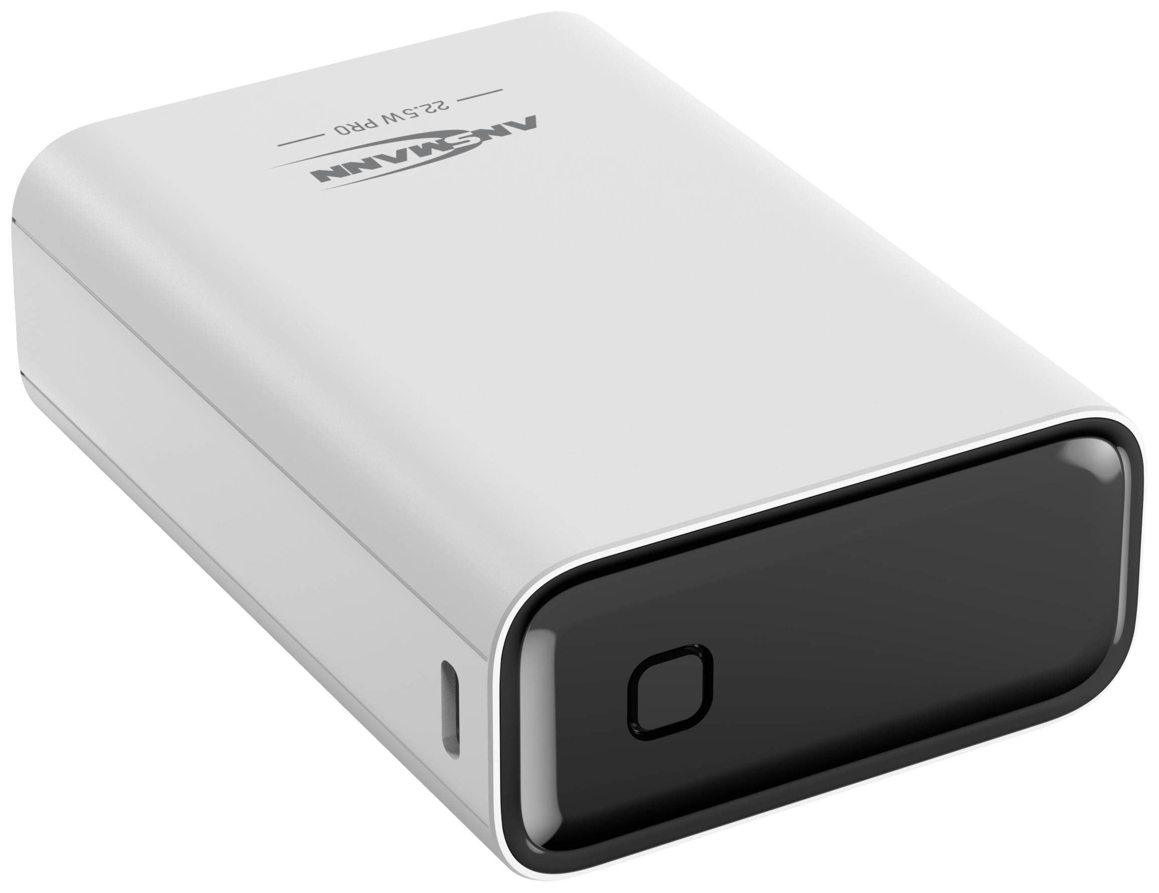 Silbernes, rechteckiges tragbares Ladegerät mit schwarzer Vorderseite und einem seitlichen USB-Anschluss.