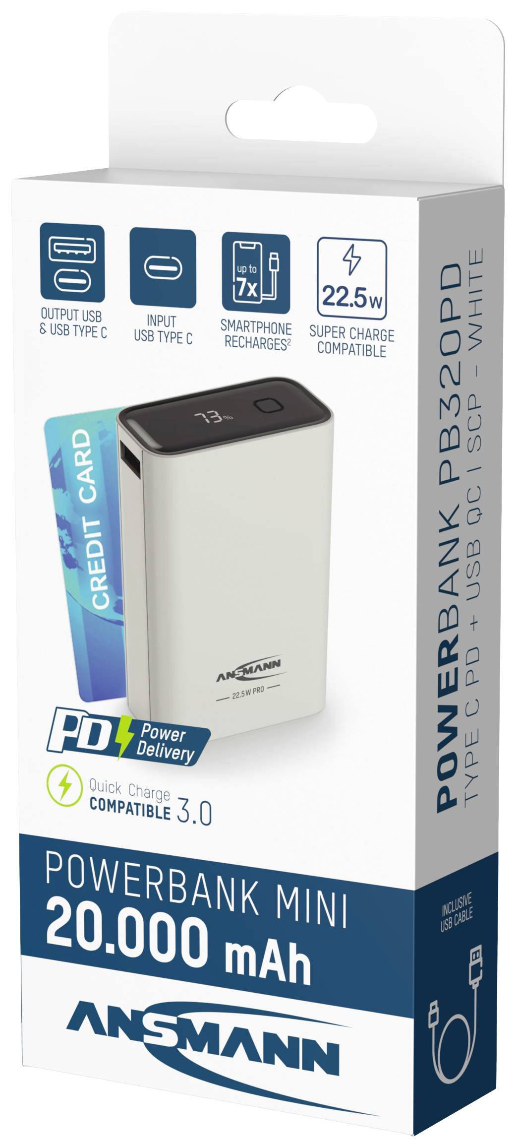 Kleine Powerbank von Ansmann mit 20.000 mAh Kapazität, USB-C und USB-Anschluss, geeignet zum Aufladen von Smartphones; weißes Gehäuse.