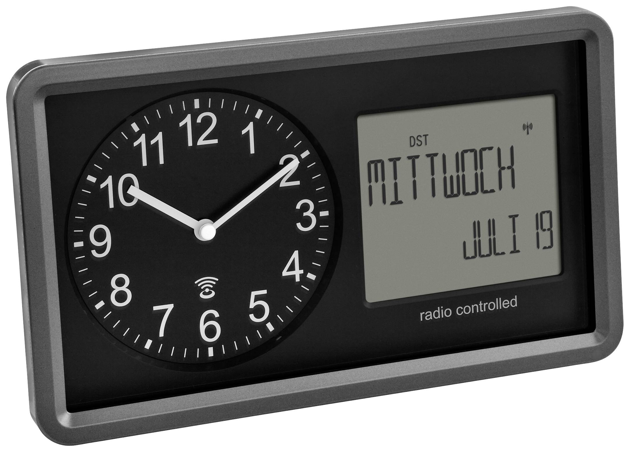 Analoge und digitale Funkuhr zeigt 10:10 Uhr, Mittwoch, 19. Juli.