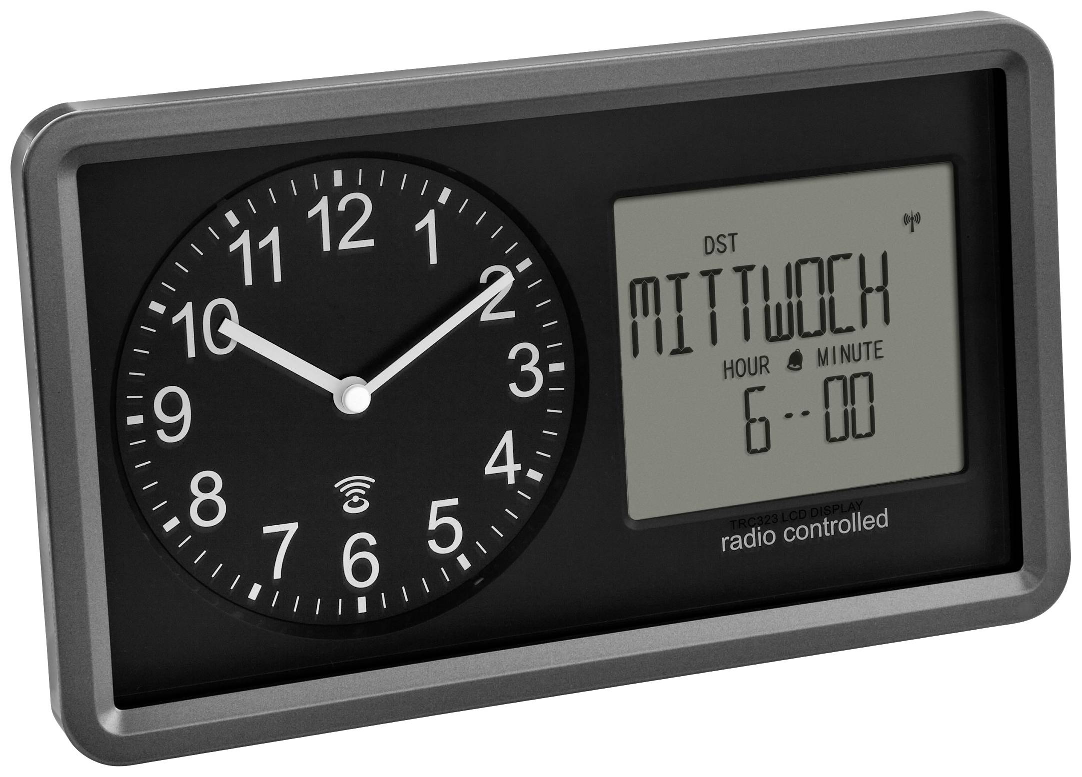 Analoge und digitale Funkuhr zeigt 10:10 Uhr an; Wochentag 'MITTWOCH' und 6:00 Uhr im Display.