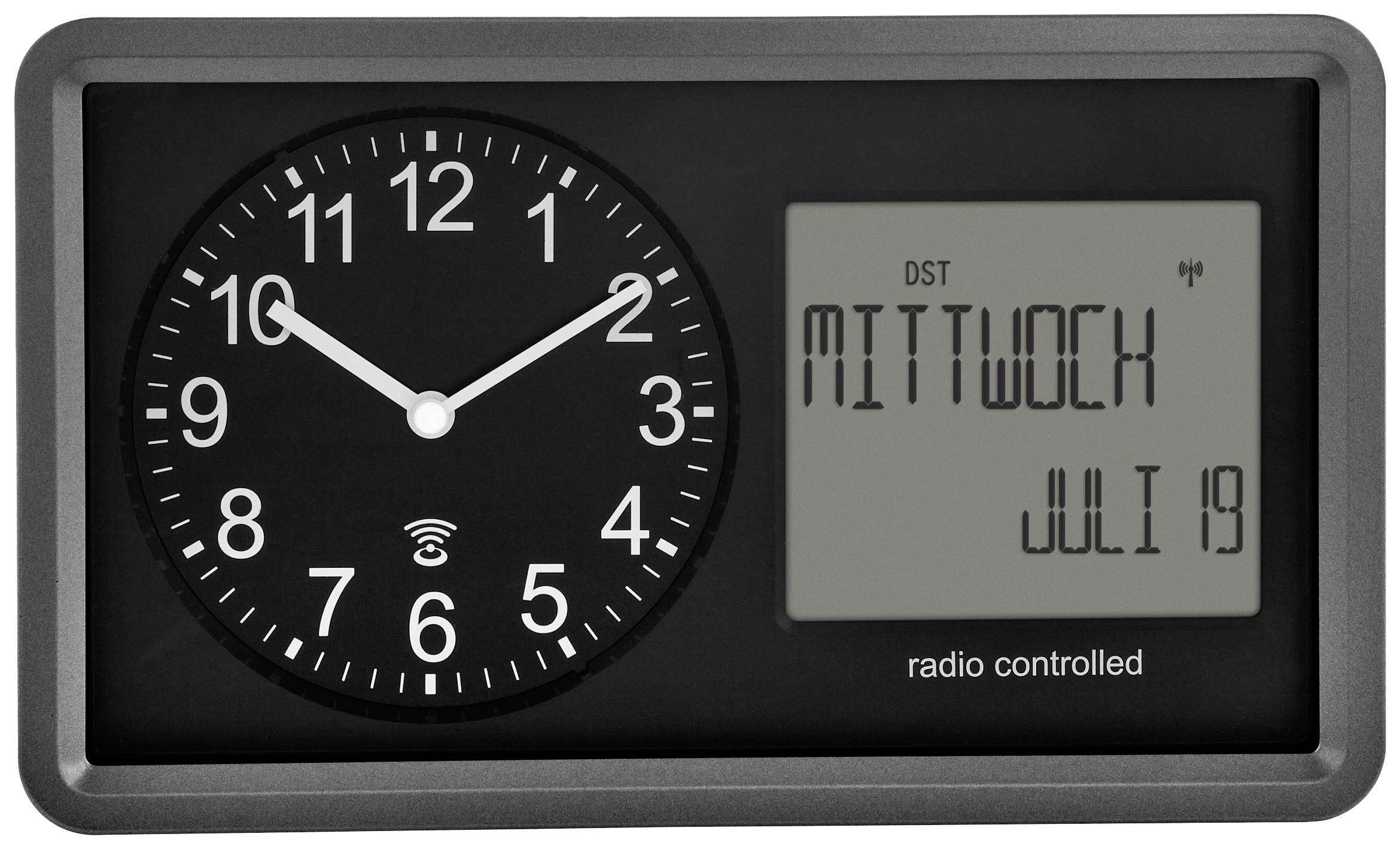 Schwarze Funkuhr mit analogem Zifferblatt und digitalem Display. Zeigt 10:10 Uhr, 'MITTWOCH', 'JULI 19'.