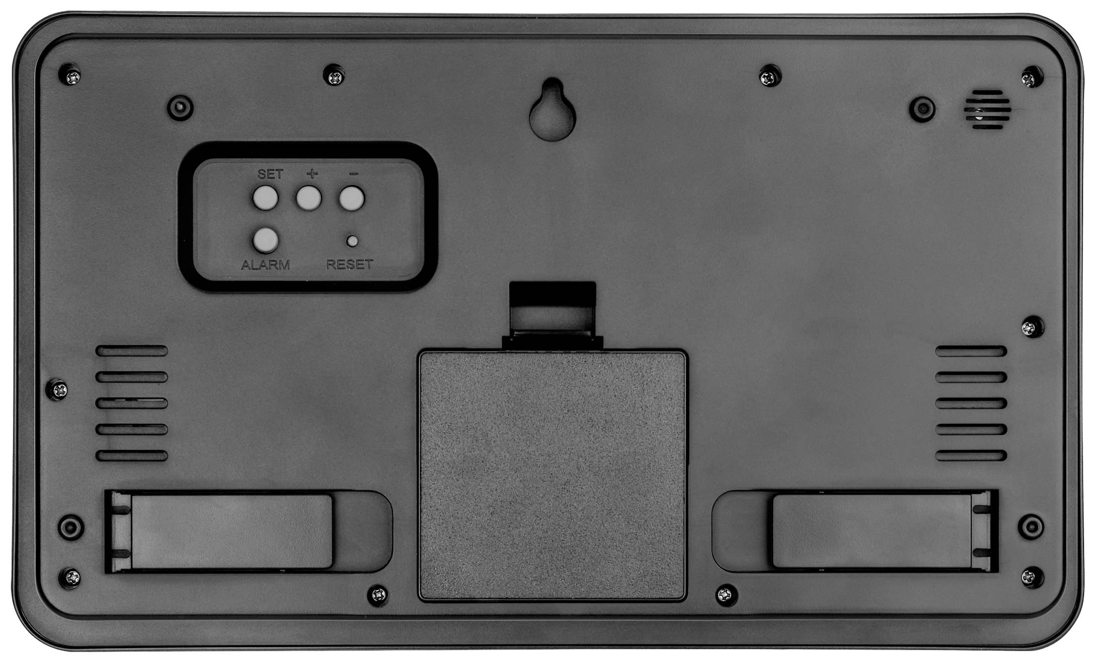Rückseite einer digitalen Wanduhr mit Bedienelementen: SET, ALARM, RESET. Zwei Batteriefächer und Wandaufhängung vorhanden.