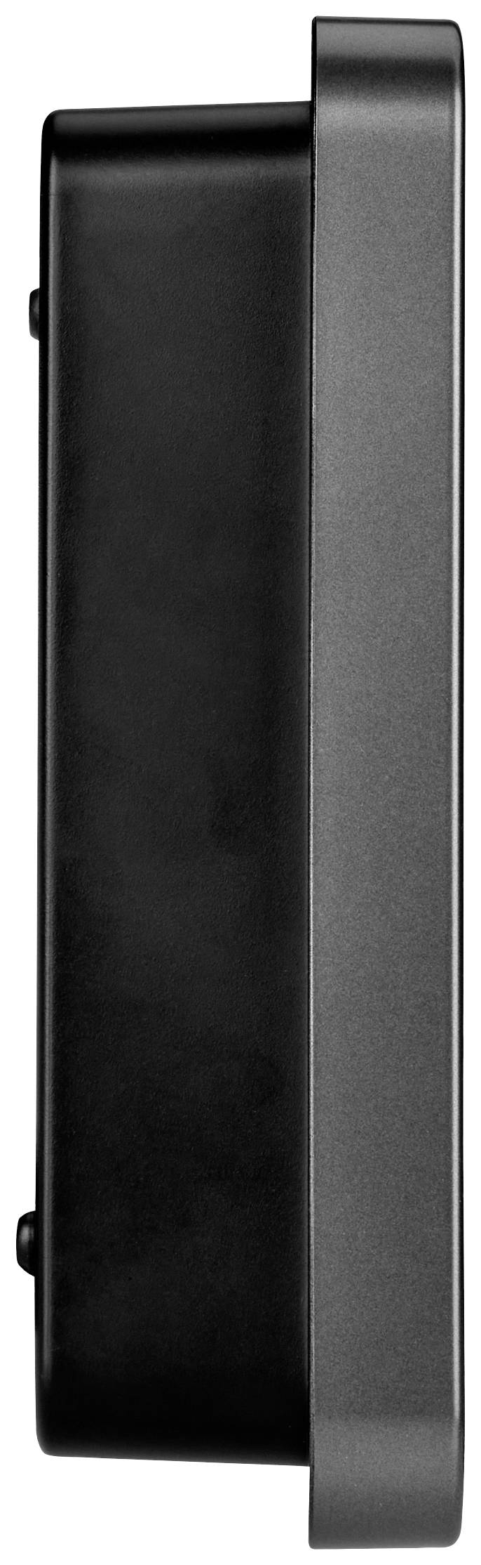 Ein schmaler, rechteckiger schwarzer Gegenstand mit minimalistischem Design, abgebildet von der Seite.