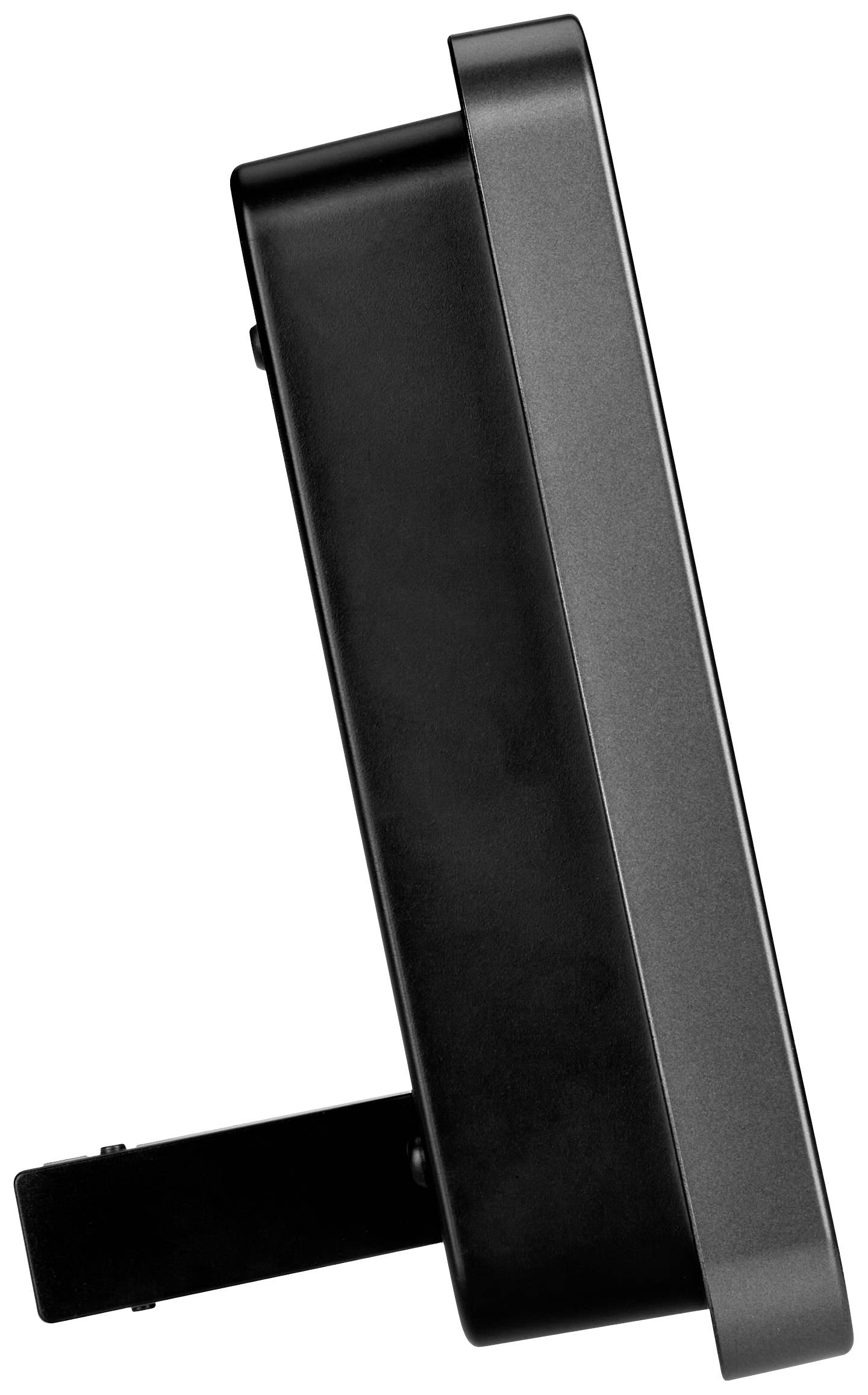 Seitenansicht eines schwarzen, viereckigen Geräts mit Ständer, möglicherweise ein Monitor oder Bildschirm, auf weißem Hintergrund.