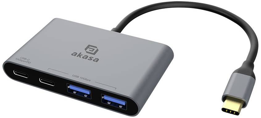 USB-Hub mit zwei USB-C- und zwei USB-A-Anschlüssen, verbindet mehrere Geräte mit einem Computer über einen einzigen USB-C-Stecker.