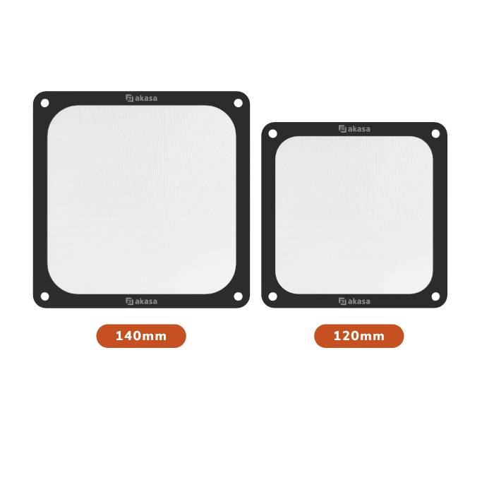Zwei quadratische Lüfterfilter nebeneinander. Links 140 mm, rechts 120 mm, beide mit schwarzem Rahmen.