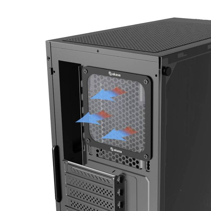 Ein Computergehäuse mit Pfeilen, die den Luftstrom durch Lüftungsschlitze zeigen. Blaue Pfeile gehen hinein, rote Pfeile heraus.