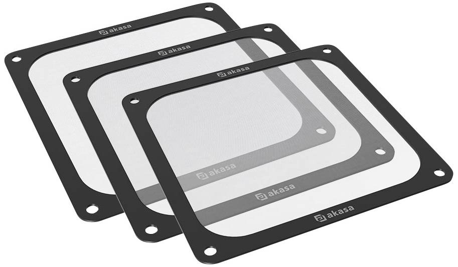 Drei quadratische Lüfterfilter von Akasa mit schwarzem Rahmen und feinem Netzgewebe, übereinander gestapelt.