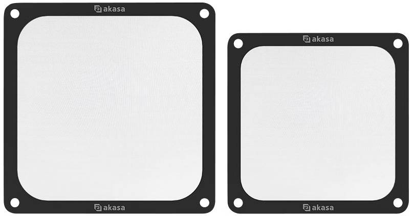 Zwei quadratische Lüfterfilter aus schwarzem Material mit feinem weißen Netz, Markenname 'akasa' oben, größerer und kleinerer Filter nebeneinander.