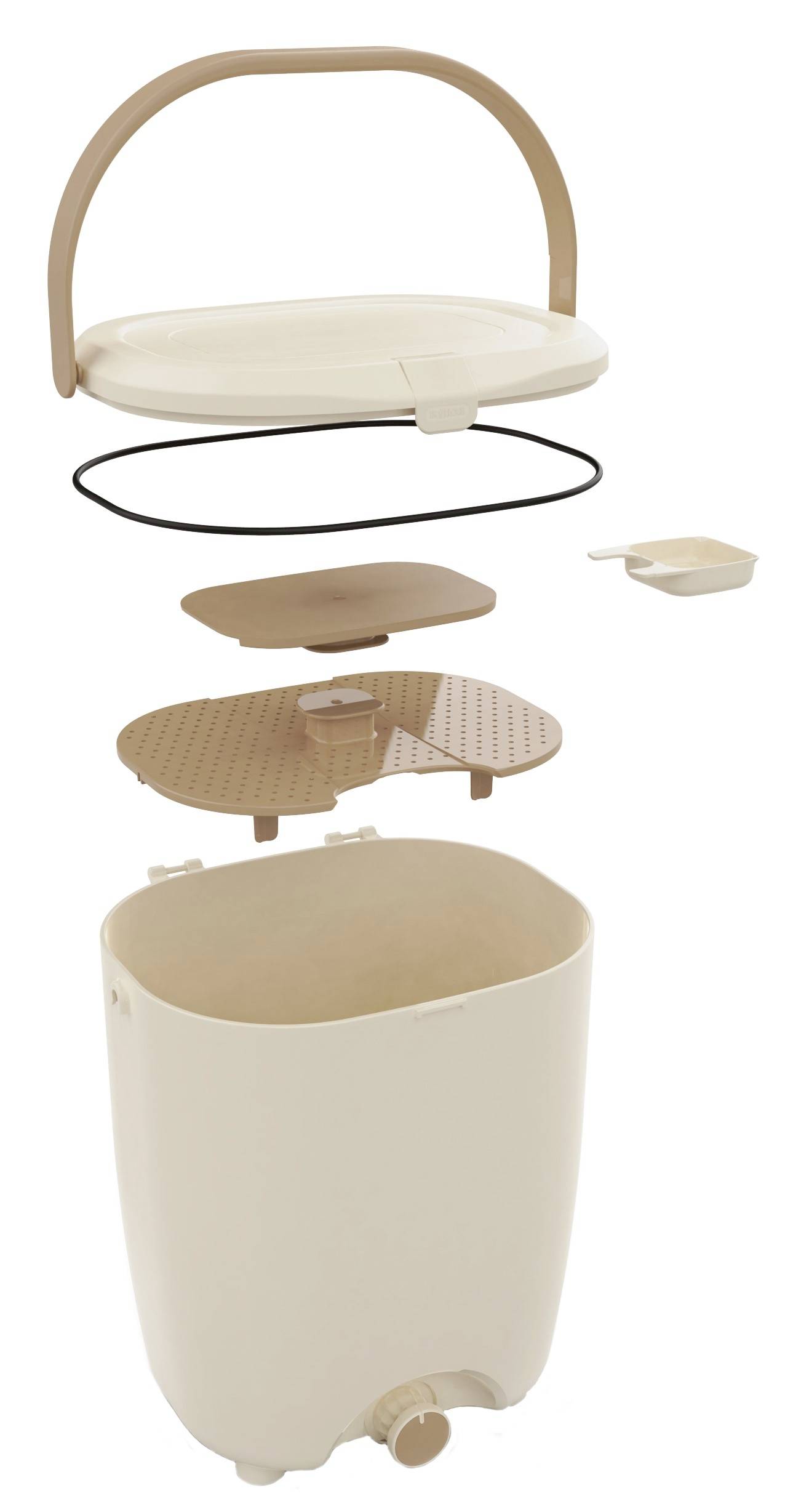 Explosionszeichnung eines beigen Eimers mit beigen und schwarzen Einzelteilen. Detaillierte Ansicht der Struktur und Zusammensetzung.