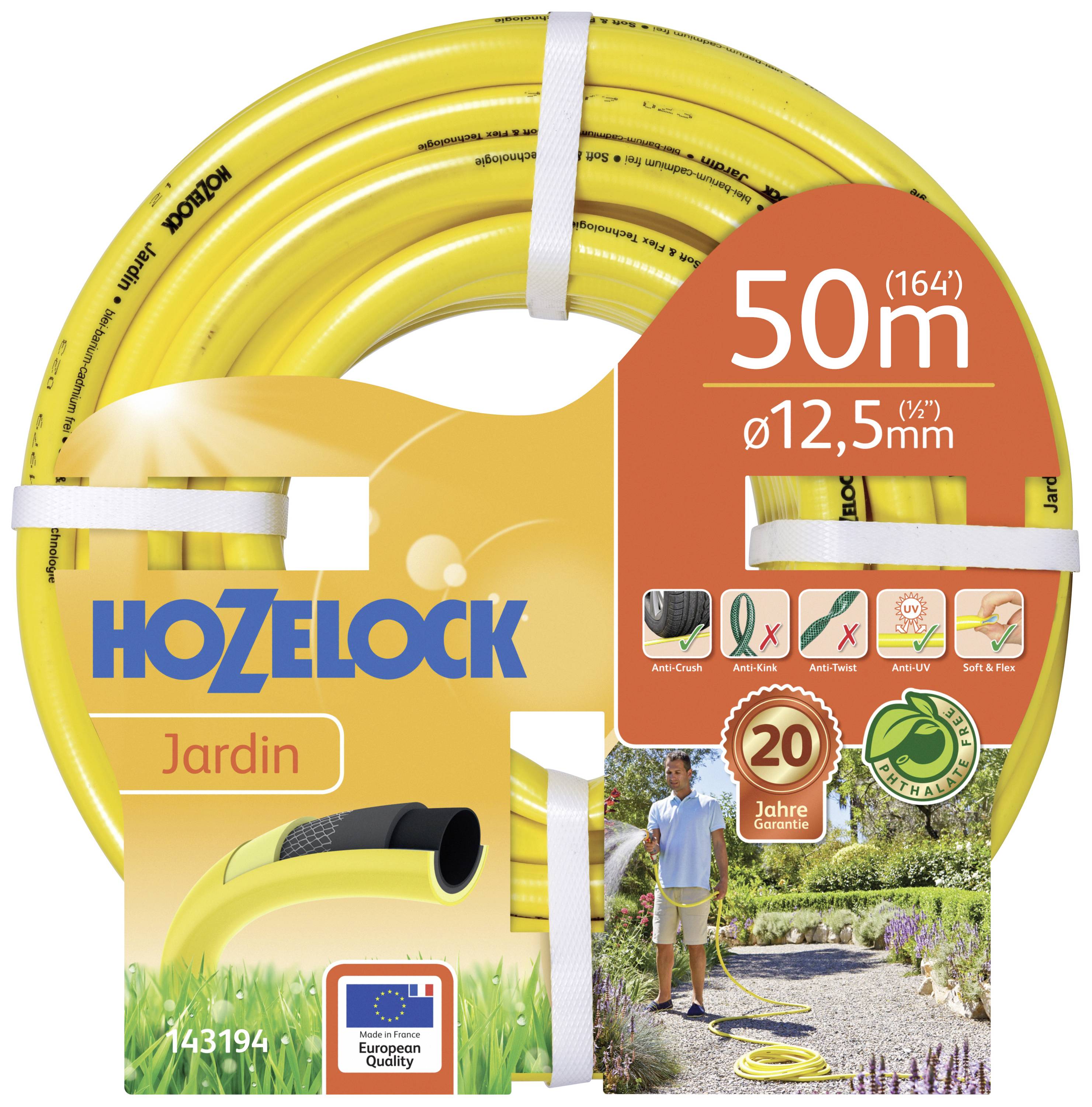 Ein gelber Gartenschlauch, 50 Meter lang, 12,5 mm Durchmesser, mit Abbildung eines Nutzers im Garten. Marke Hozelock, europäische Qualität.