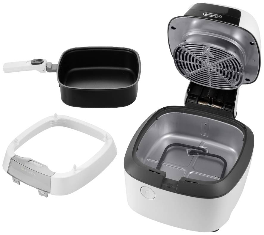 Mehrteilige Heißluftfritteuse in Weiß und Schwarz. Geöffneter Frittierkorb, daneben ein separates Fach und ein abnehmbarer Ring.