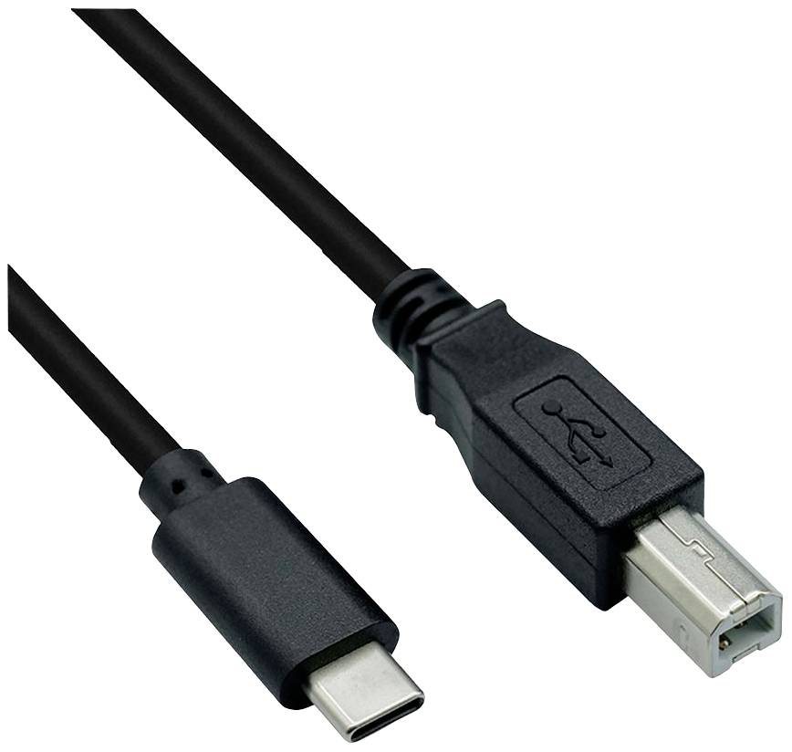Ein USB-Kabel mit einem Typ-C-Stecker auf der linken Seite und einem Typ-B-Stecker auf der rechten Seite.