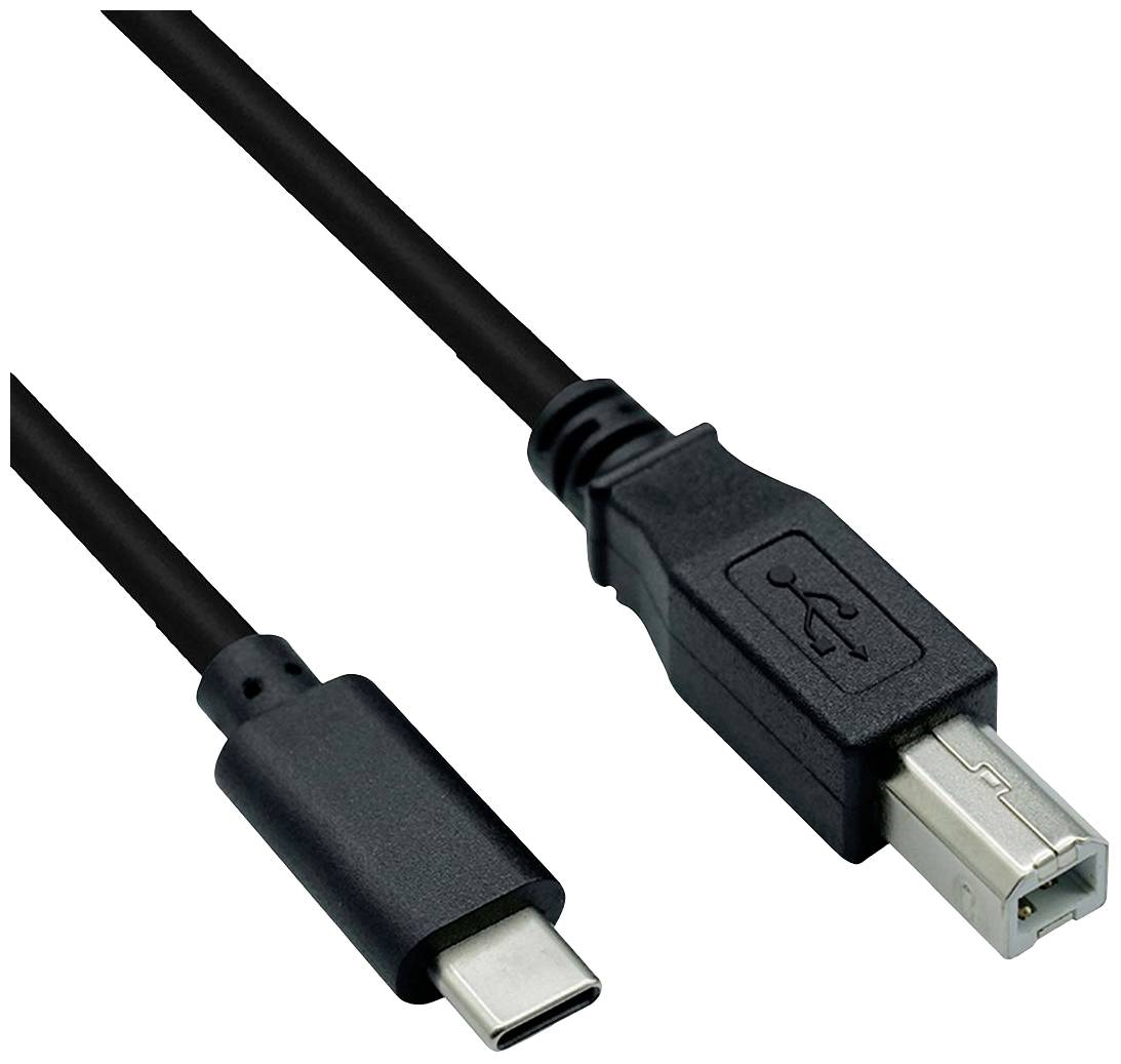 Ein USB-Kabel mit einem USB-C-Stecker links und einem USB-B-Stecker rechts, zur Verbindung von Geräten mit unterschiedlichen Anschlüssen.