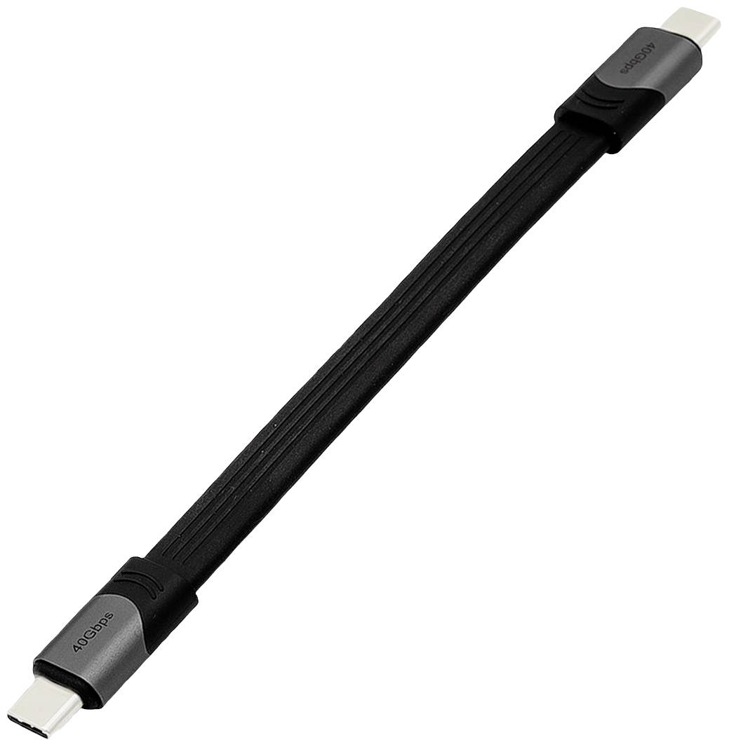 Ein kurzes, schwarzes USB-C-Kabel mit grauen Steckern an beiden Enden.