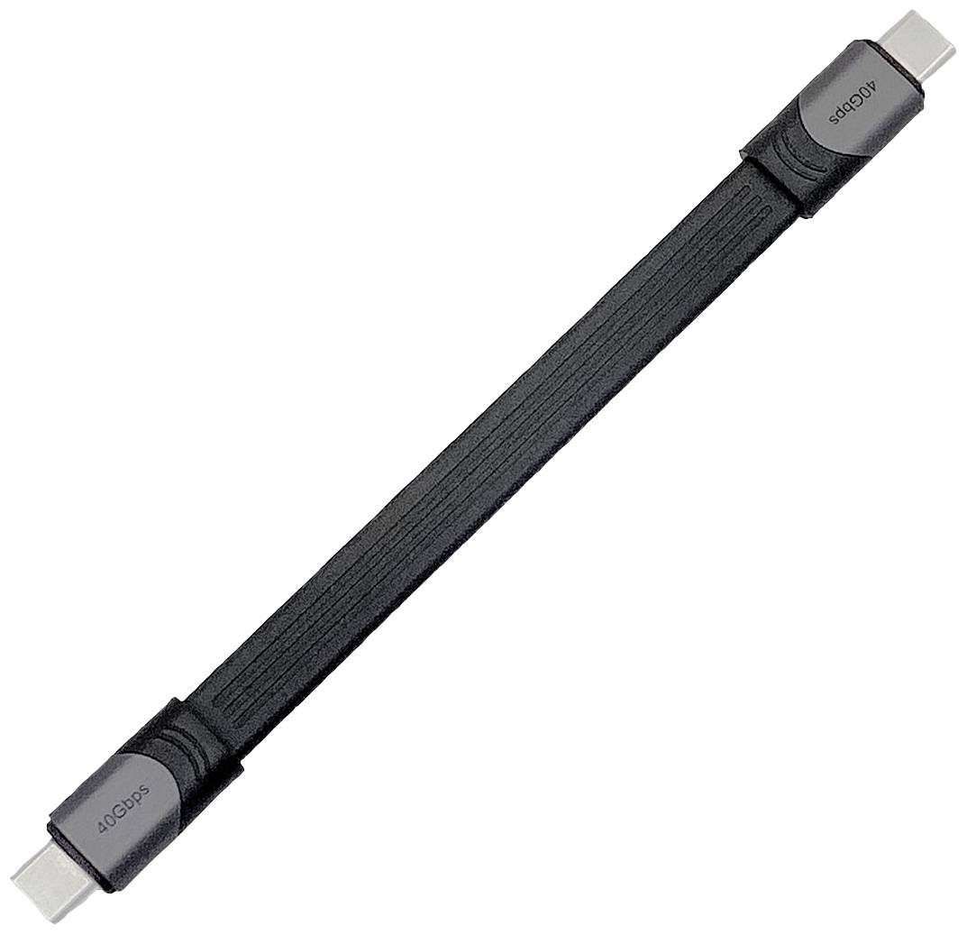 Ein schwarzes USB-C-auf-USB-C-Kabel mit der Aufschrift '40 Gbps' an den Steckern, geeignet für schnelle Datenübertragung.