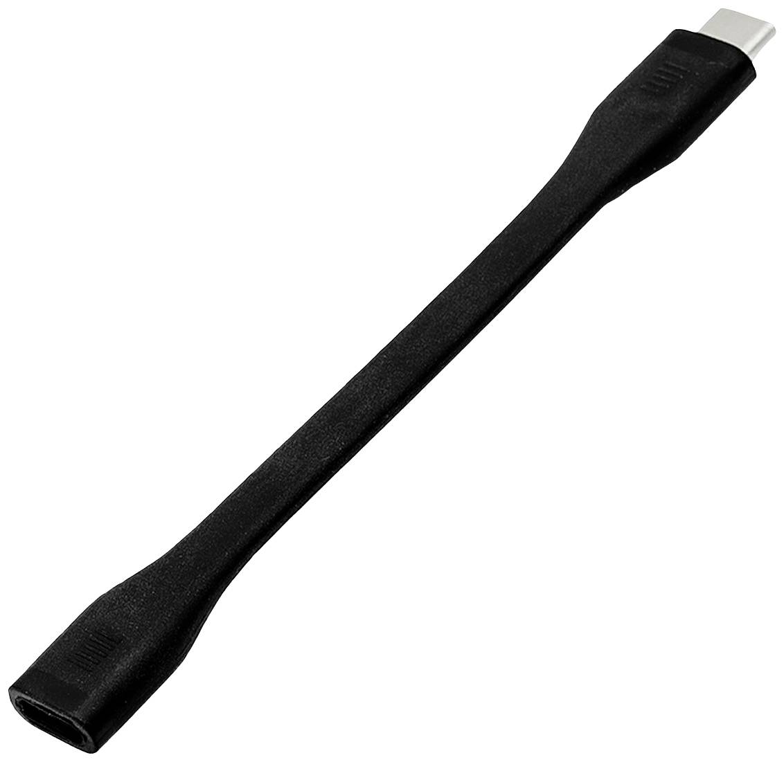 Schwarzes USB-C-auf-USB-C-Kabeladapter mit rechteckigen Steckverbindungen an beiden Enden, geeignet für Datenübertragung und Aufladen.