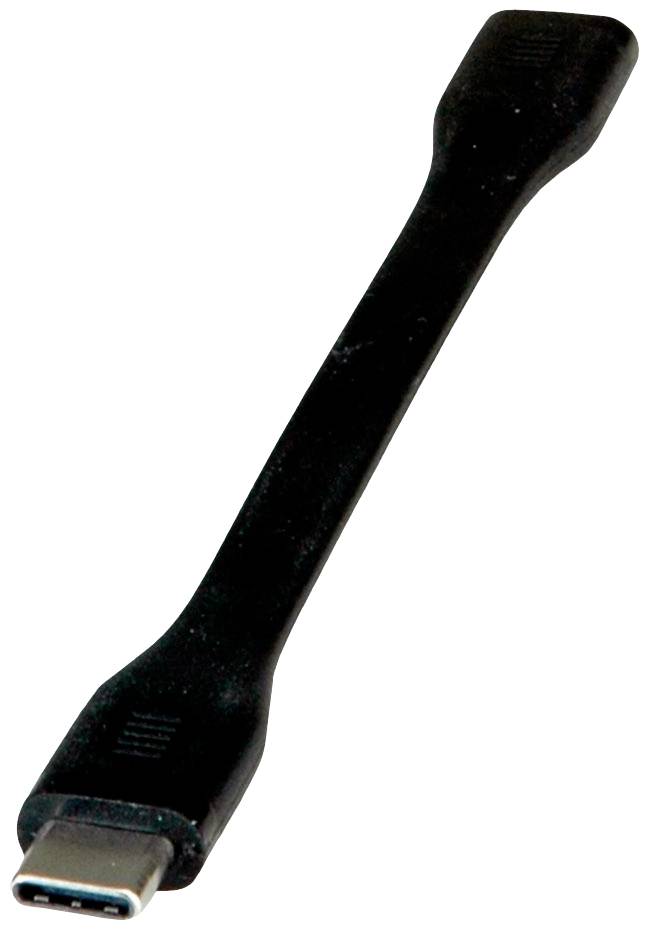 Schwarzes USB-C-Verlängerungskabel, rechteckig, flexibel. Verbindet USB-C-Geräte über kurze Distanz.