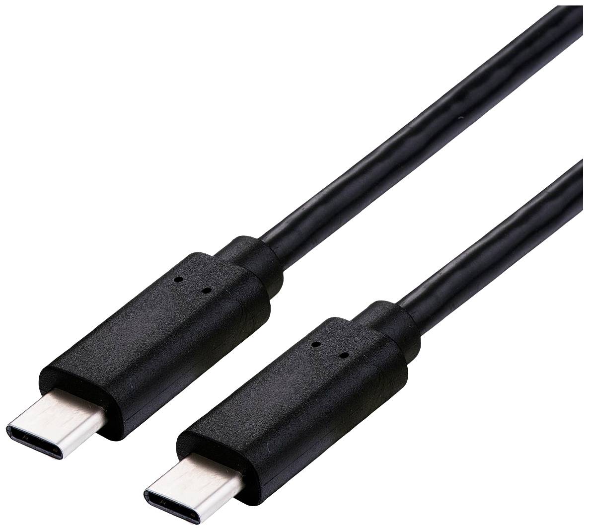 Zwei schwarze USB-C-Kabelstecker, jeweils mit einem runden Kabel verbunden, auf weißem Hintergrund.