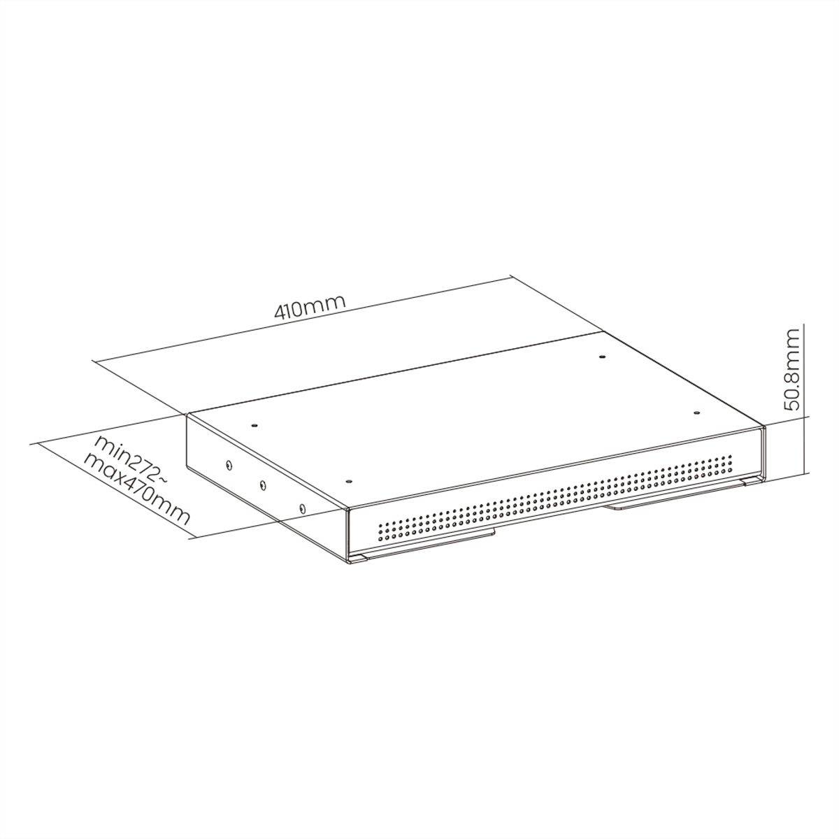 Strichzeichnung eines rechteckigen Metallgehäuses mit Maßen: 410 mm Breite, 508 mm Tiefe, Höhe anpassbar zwischen 272 mm und 470 mm.