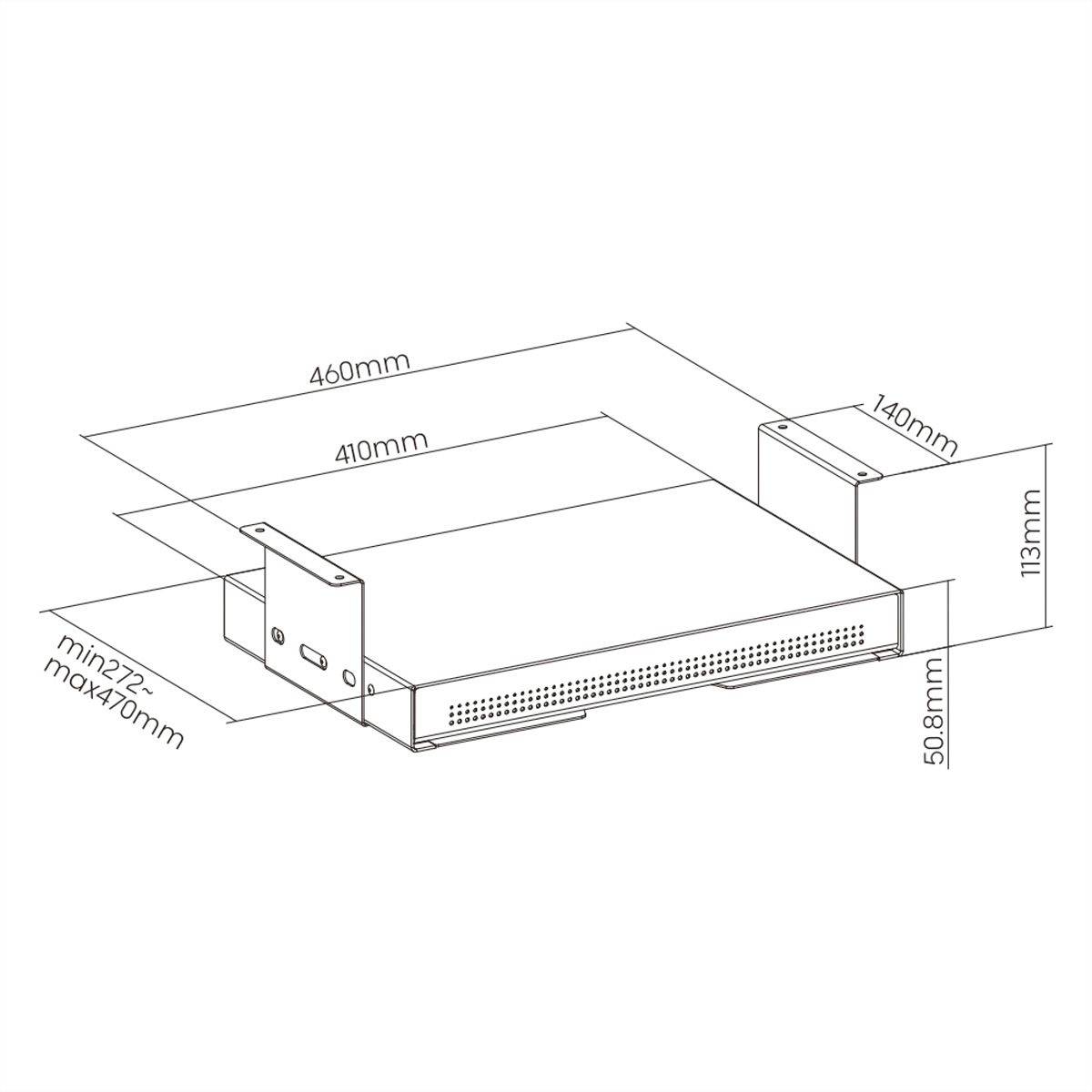 Technische Zeichnung eines rechteckigen Geräts mit Abmessungen: Breite 460 mm, Tiefe 410 mm, Höhe 50,8 mm. Seitenhalterung: 113 mm hoch.