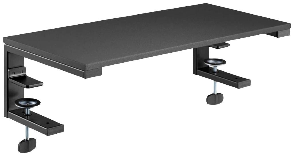 Schwarzes Regalbrett mit zwei Klemmhalterungen zur Befestigung an einem Tischrand. Geeignet zur Schaffung mehrerer Ebenen am Arbeitsplatz.