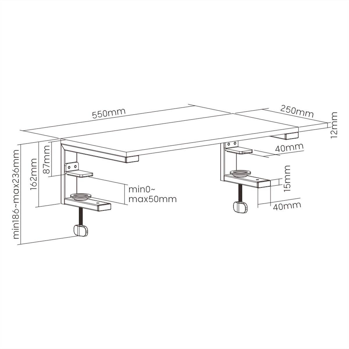 Strichzeichnung eines höhenverstellbaren Tischs mit genauen Maßen: Breite 550mm, Tiefe 250mm, Höhe verstellbar, inkl. Montageteile.