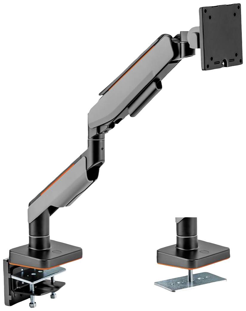 Verstellbarer Monitorarm aus Metall für Bürotische, mit Befestigungsplatte und flexiblem Gelenkarm zur ergonomischen Bildschirmpositionierung.