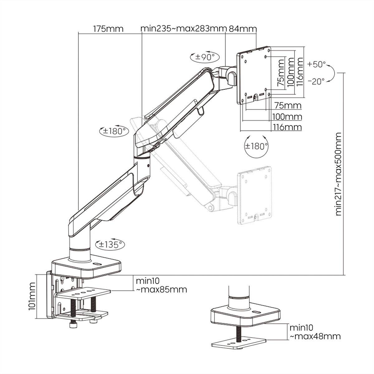 Ein verstellbarer Monitorarm mit Abmessungen. Zeigt Bewegungswinkel von -50° bis +50° vertikal und -90° bis +90° horizontal. Maximale Ausladung 283 mm.