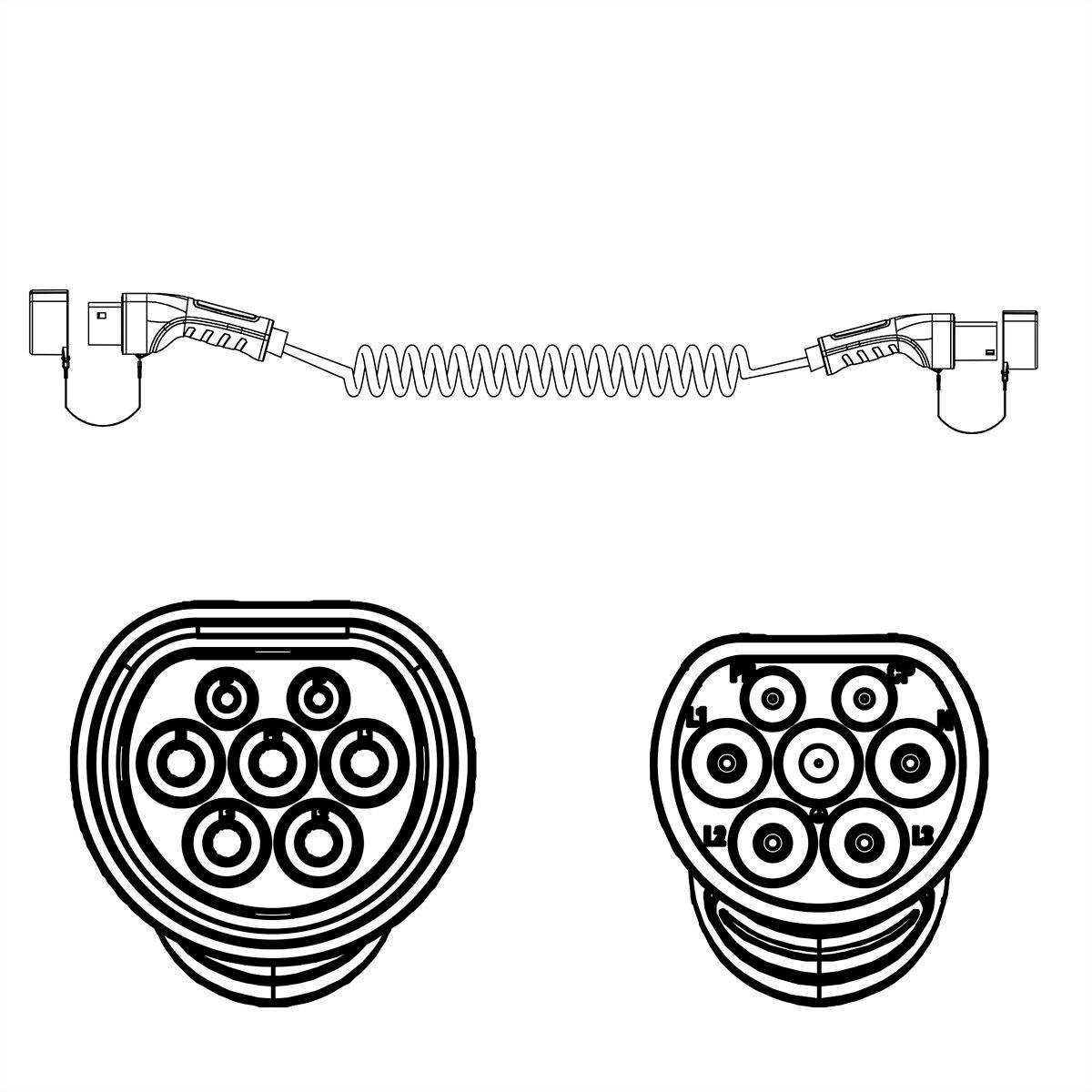 ROLINE E-Auto Ladekabel Typ2, 1-phasig, 250VAC (1P+N+E), 32 A, 7,4 kW, Spiralkabel, 5 m
