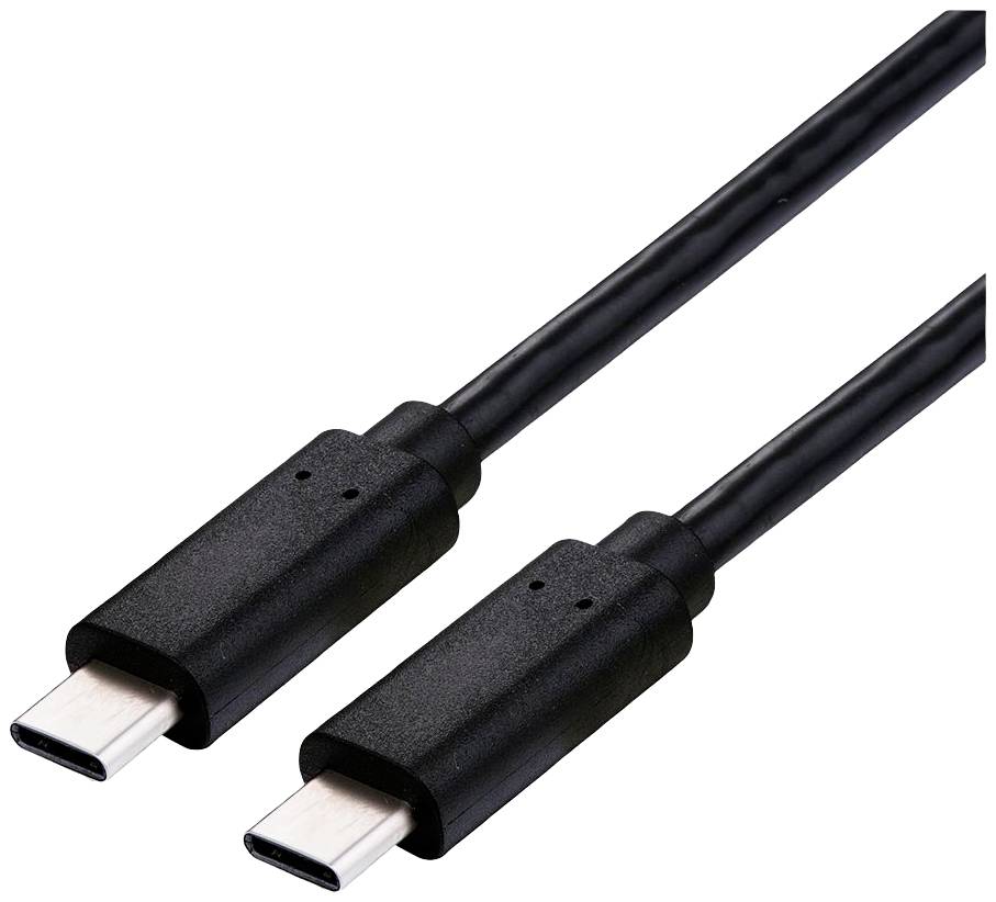 Zwei schwarze USB-C-Kabel mit Steckern, die auf beiden Enden identisch sind. Sie sind nebeneinander angeordnet.