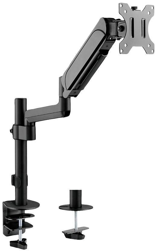 Verstellbarer schwarzer Monitorarm aus Metall mit Klemmbefestigung zur Befestigung an einem Schreibtisch.