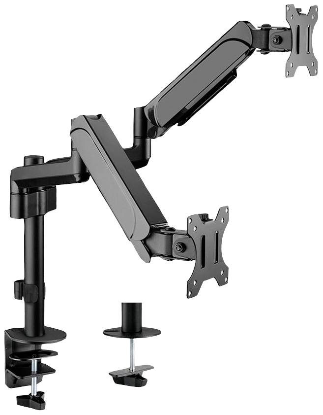 Zweiarmiger Monitorhalter in Schwarz mit verstellbaren Armen und Klemmen zur Befestigung an einem Tisch, geeignet für Bildschirme.
