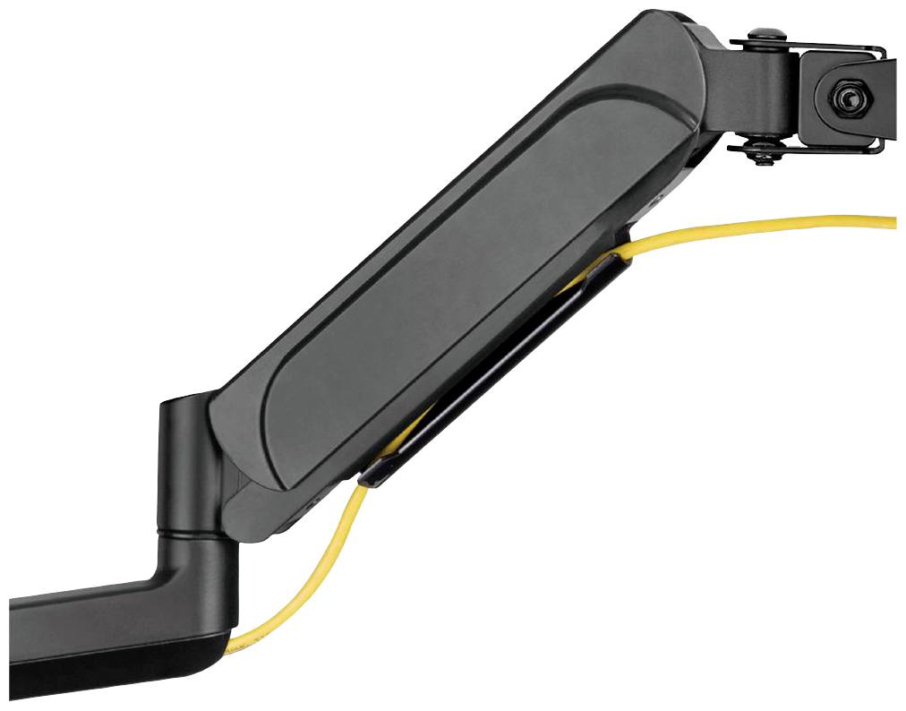 Ein schwarzer Monitorarm mit Kabelmanagement, zeigt die verstauten gelben Kabel für einen sauberen und organisierten Arbeitsplatz.