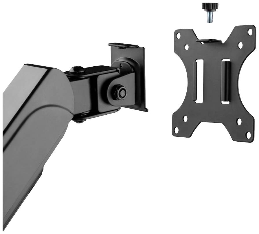 Montageplatte und Arm eines Monitorhalters, schwarz, mit Schraubbefestigung oben. Geeignet zur Befestigung an Wänden oder Schreibtischen.