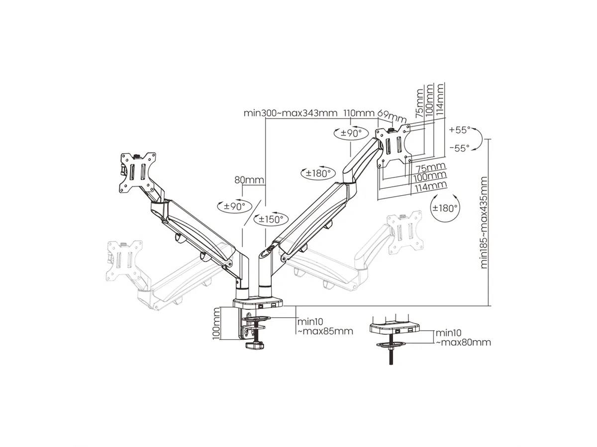 Monitorhalterung-Diagramm zeigt doppelte Arme, einstellbare Höhe von 155 bis 505 mm, Neigung bis 55 Grad und Schwenkung bis 180 Grad.